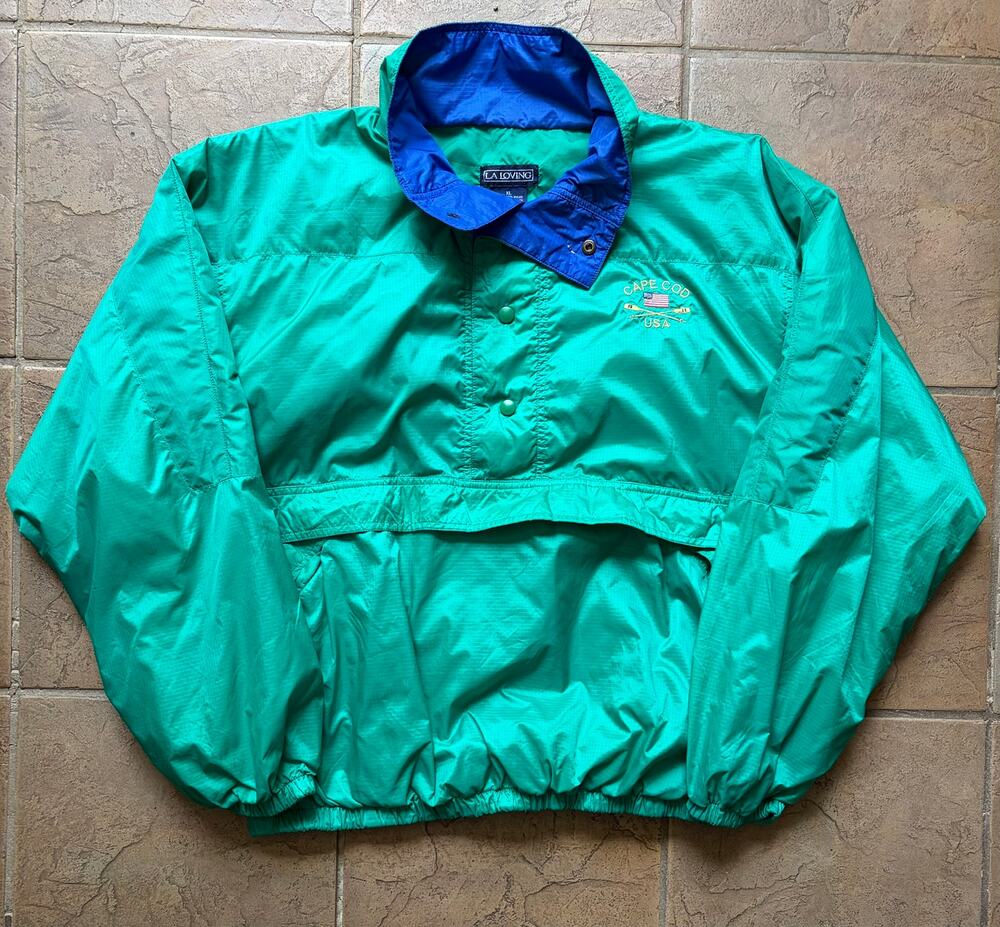 Vintage Cape Cod USA Pullover Windbreaker Jacket XL Green Blue Embroidered